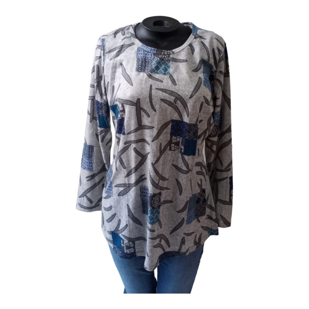 Victoria Collectio Floral Top Gray Blue Long Sleeve Stretch Bl/L